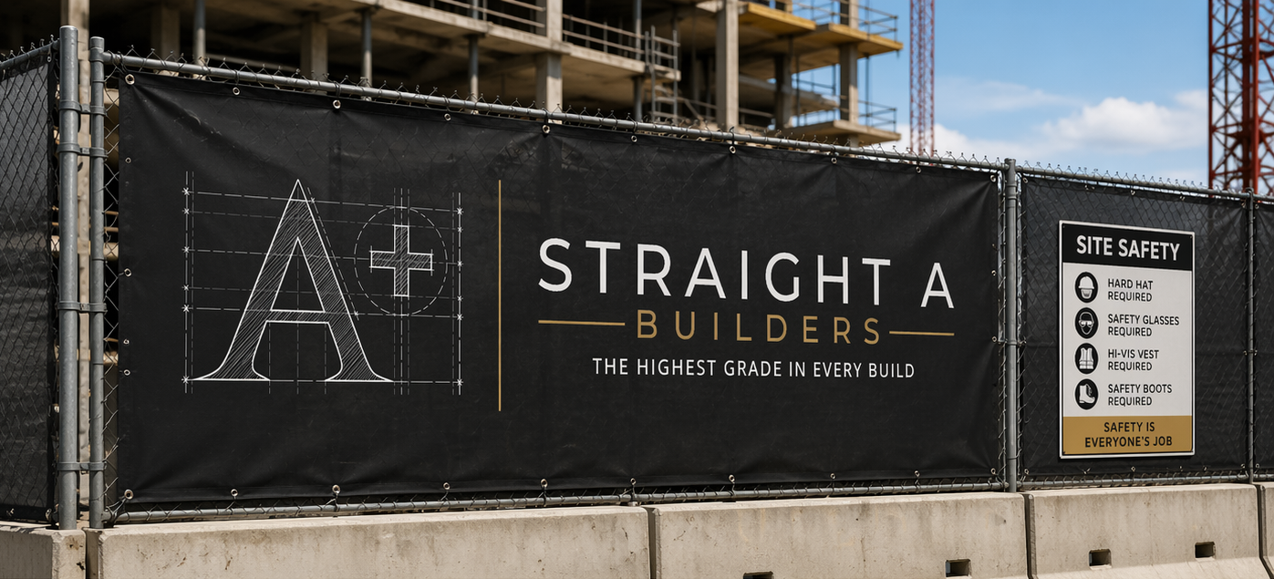 Straight A Builders site signage on a fenced construction site